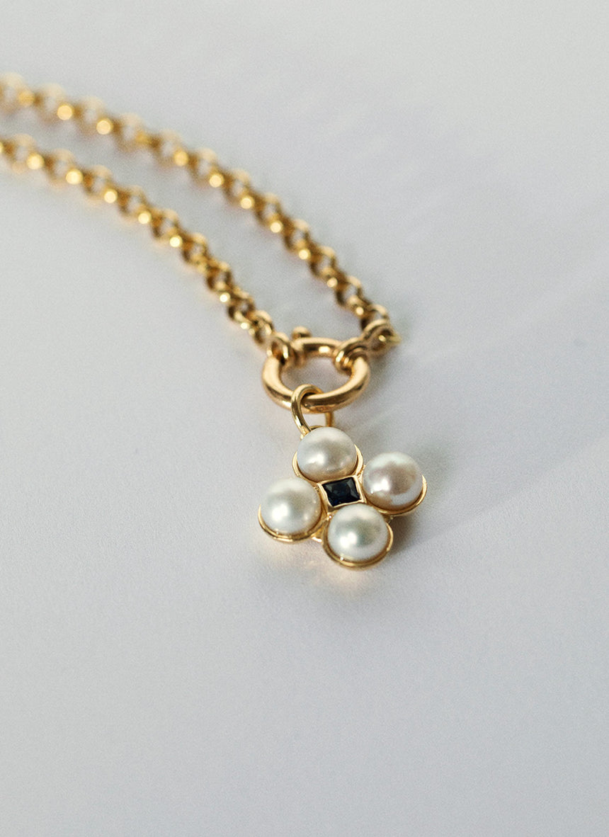Lotus pearl sapphire charm 14k gold