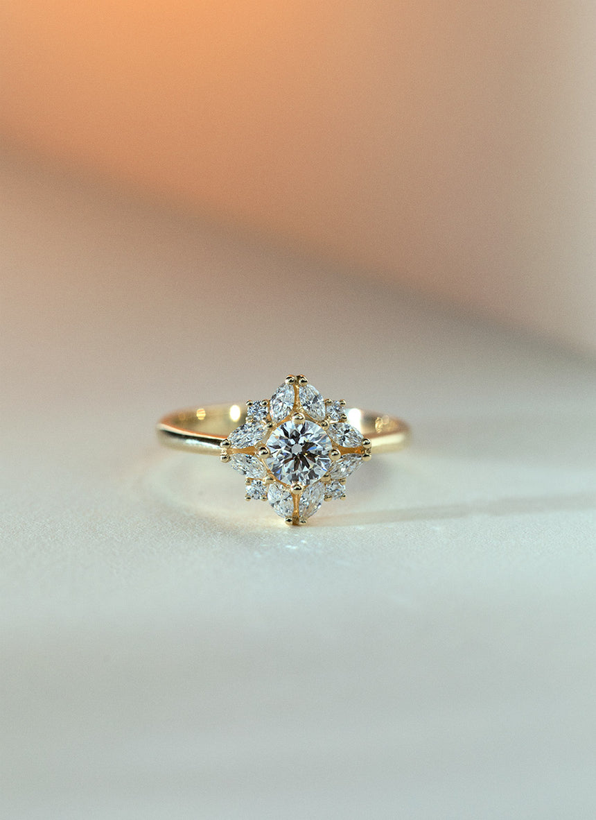 Violet brilliant cut entourage diamond ring 14k gold