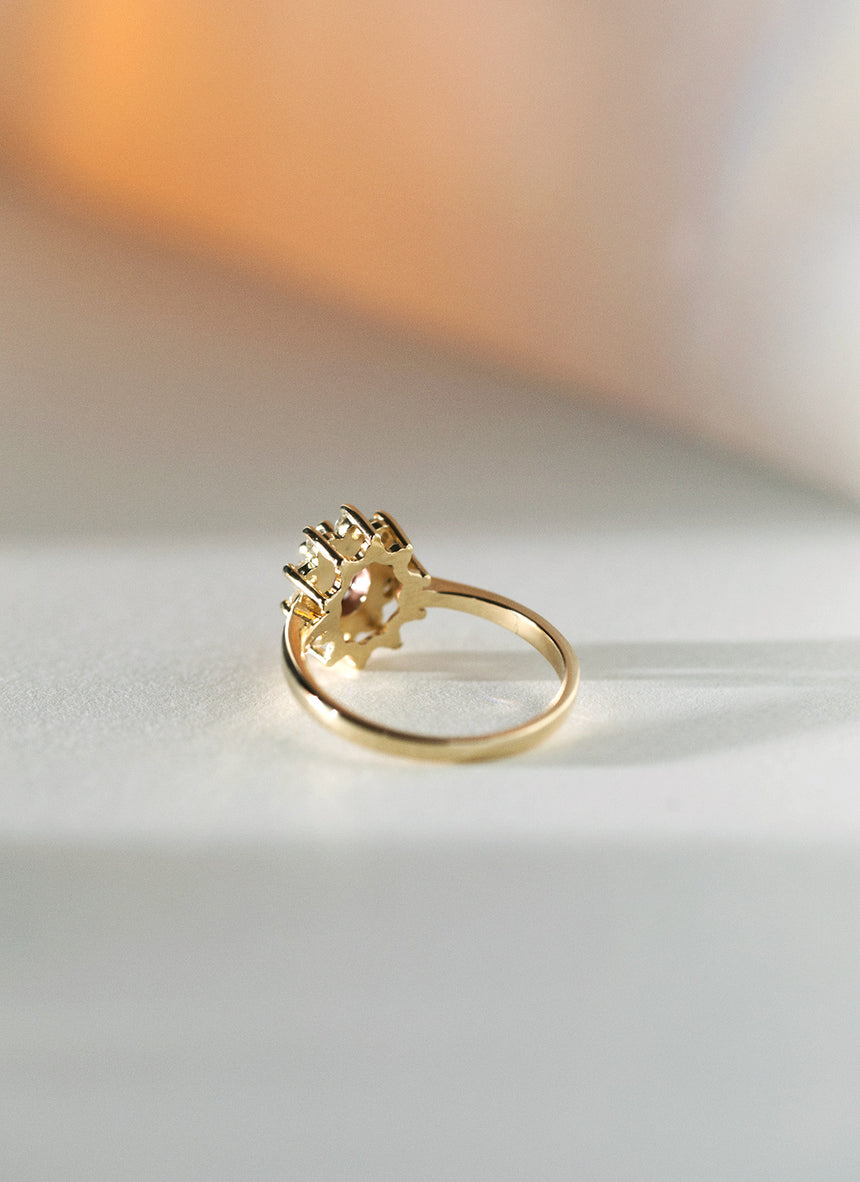 Yoki diamond rhodolite entourage ring 14k gold