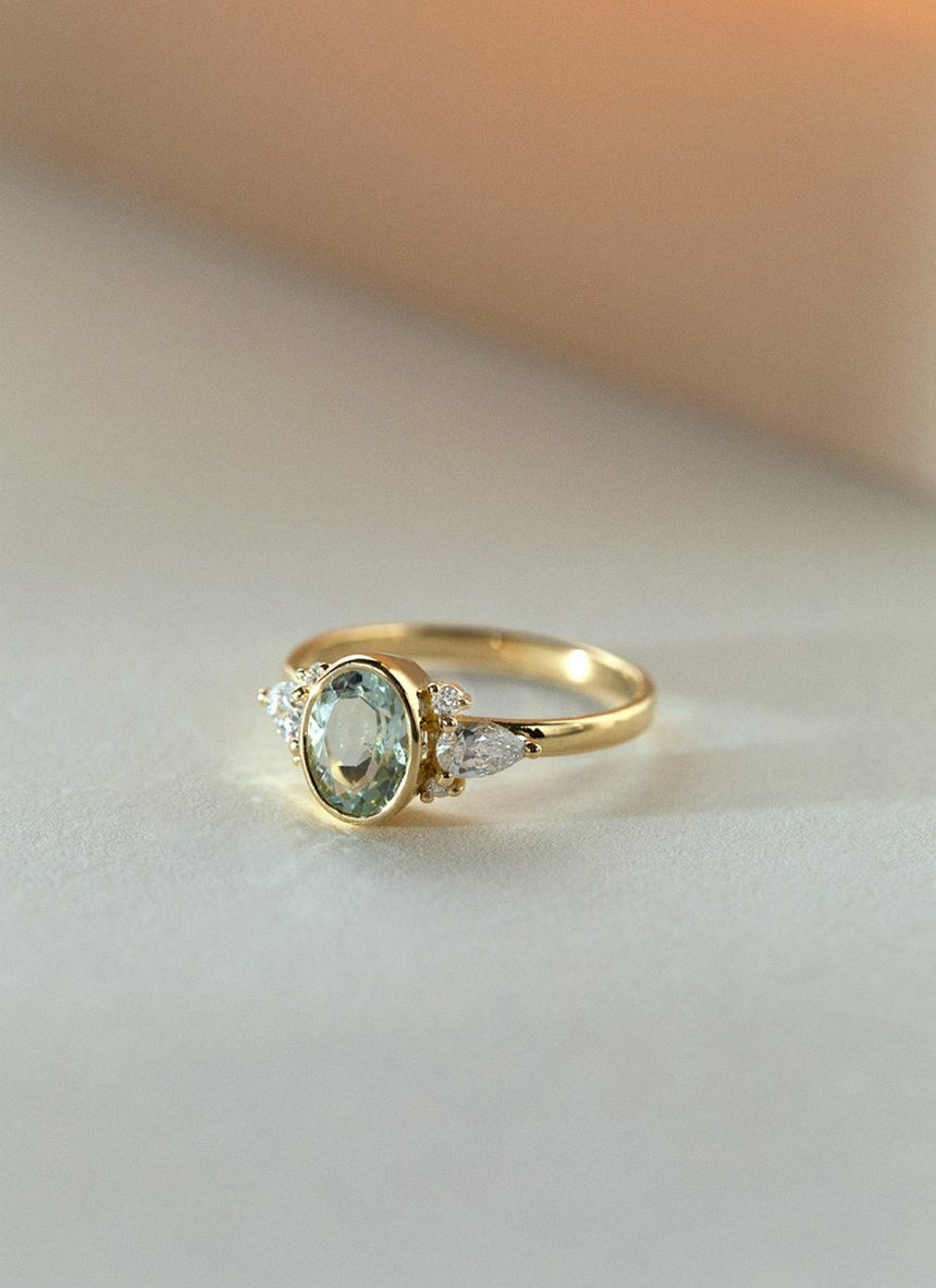 Custom oval cut tourmaline bezel set ring 14k - Studio Kroewe