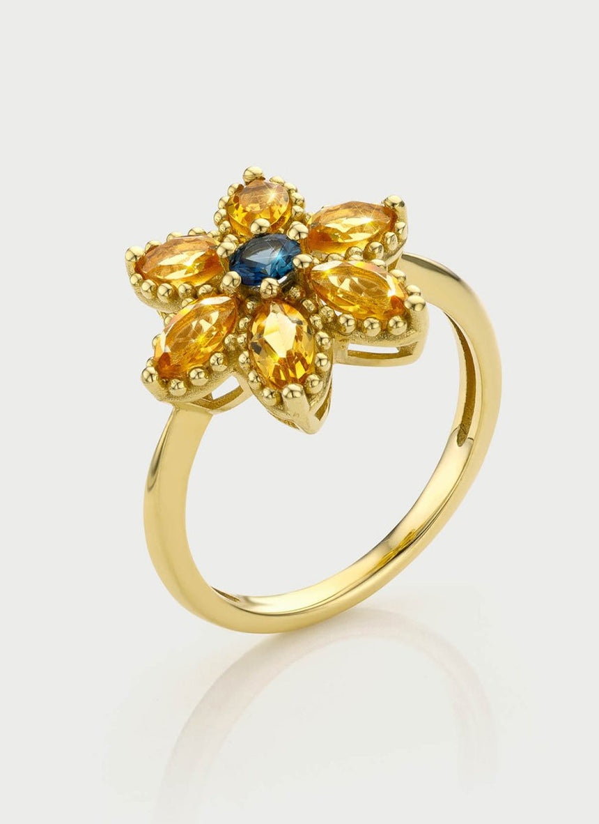 Flowery citrine sapphire ring 14k gold - Studio Kroewe