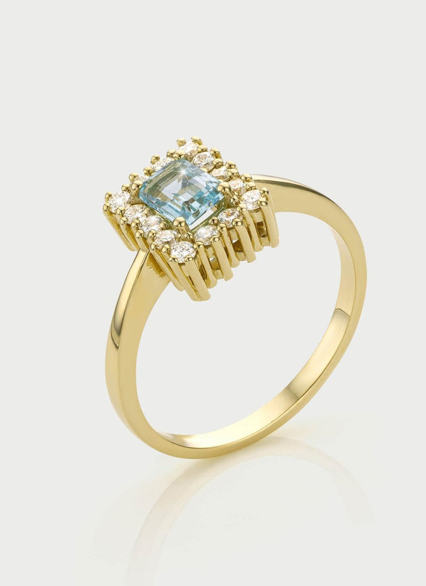 Lode halo diamond aquamarine ring 14k gold - Studio Kroewe