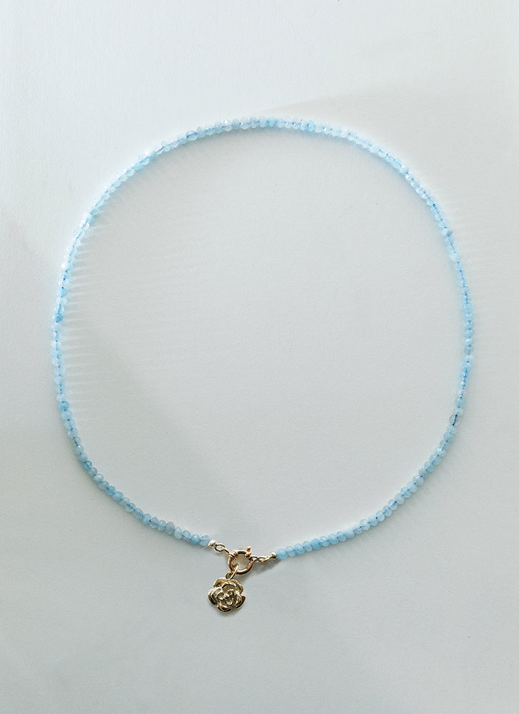 Bella aquamarine necklace with front lock 14k gold