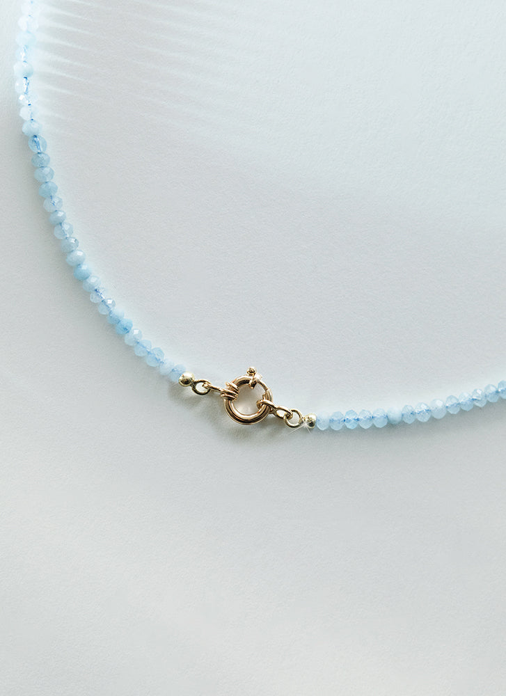 Bella aquamarine necklace with front lock 14k gold