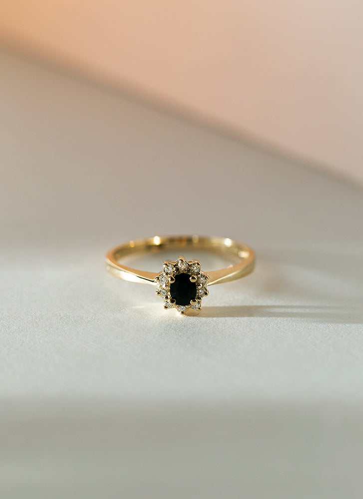 Triss halo diamond sapphire ring 14k gold