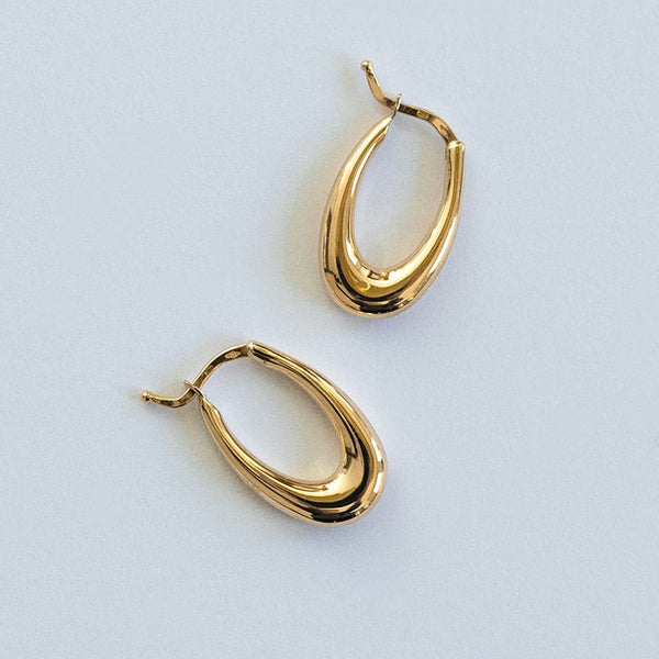 Classy Medium Real Gold Plated Oval Hoop Earrings - 14k Gold Layered, 50mm X 4mm, Click Top Closure